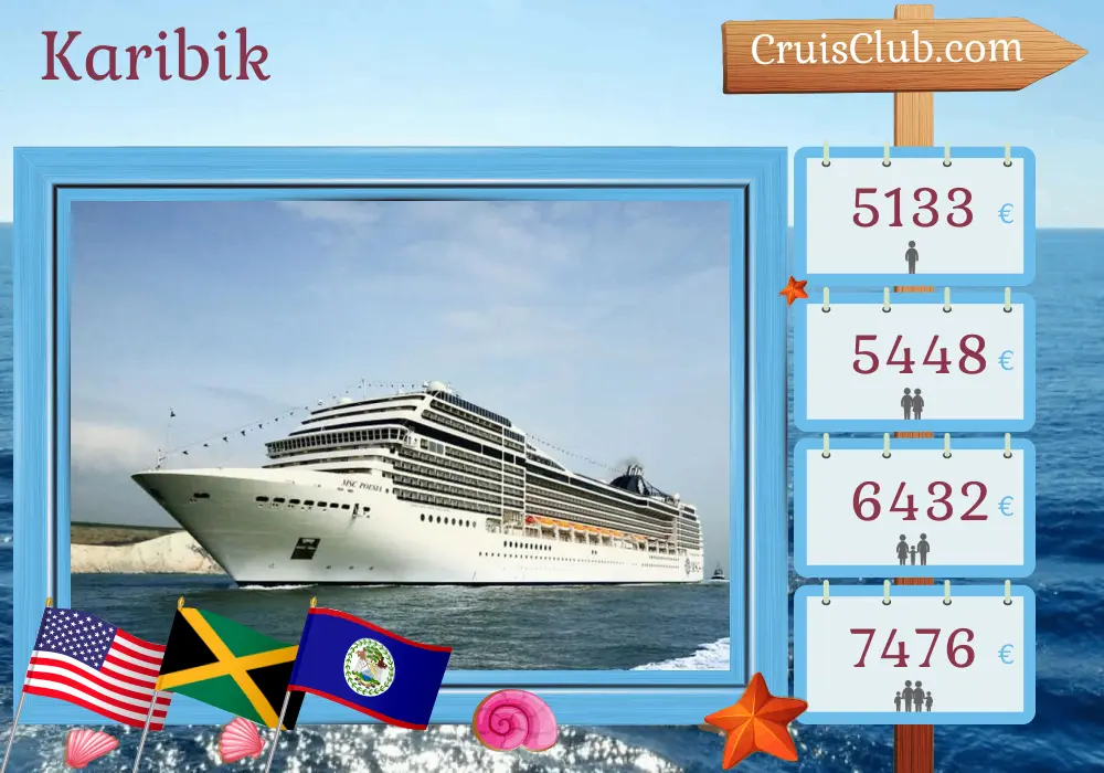 Kreuzfahrt in der Karibik ab Miami an Bord des MSC Poesia-Schiffs mit Stopps in den USA, Puerto Rico, Dominikanische Republik, Jamaika, Kolumbien, Panama, Costa Rica, Honduras und Belize für 22 Tage