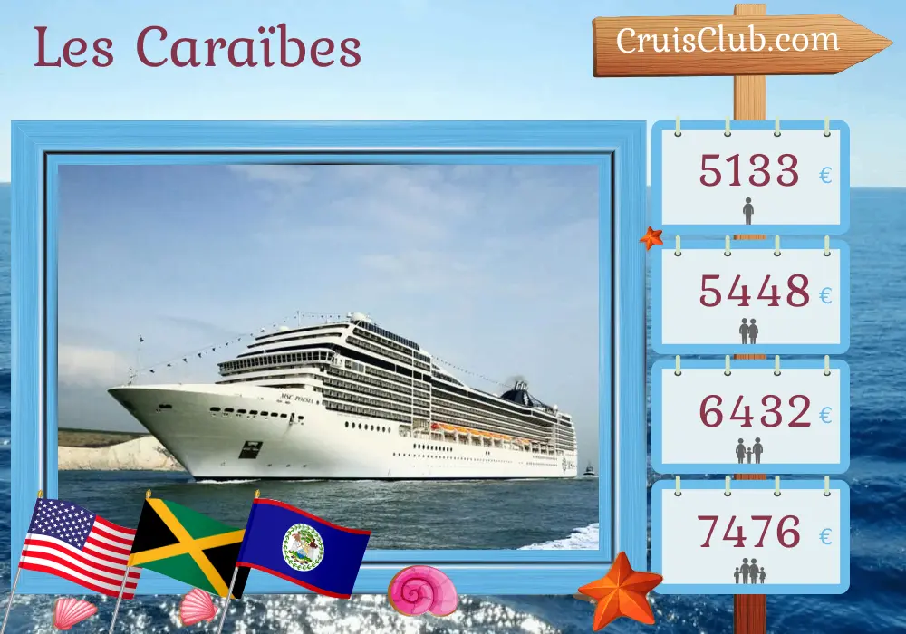 Croisière dans les Caraïbes au départ de Miami à bord du navire MSC Poesia avec des escales aux États-Unis, à Puerto Rico, en République dominicaine, en Jamaïque, en Colombie, au Panama, au Costa Rica, au Honduras et au Belize pendant 22 jours