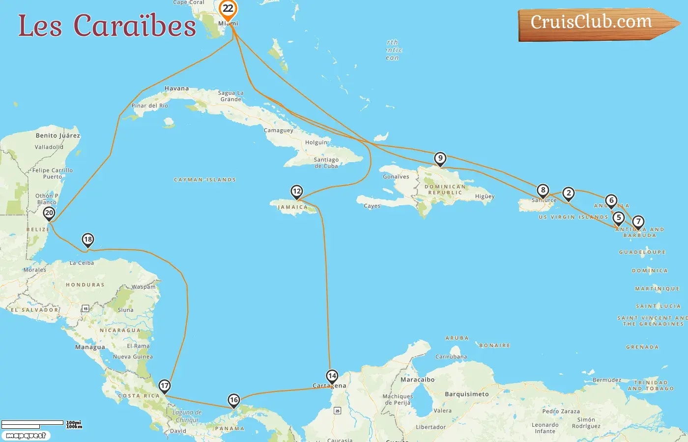 Croisière dans les Caraïbes au départ de Miami à bord du navire MSC Poesia avec des escales aux États-Unis, à Puerto Rico, en République dominicaine, en Jamaïque, en Colombie, au Panama, au Costa Rica, au Honduras et au Belize pendant 22 jours