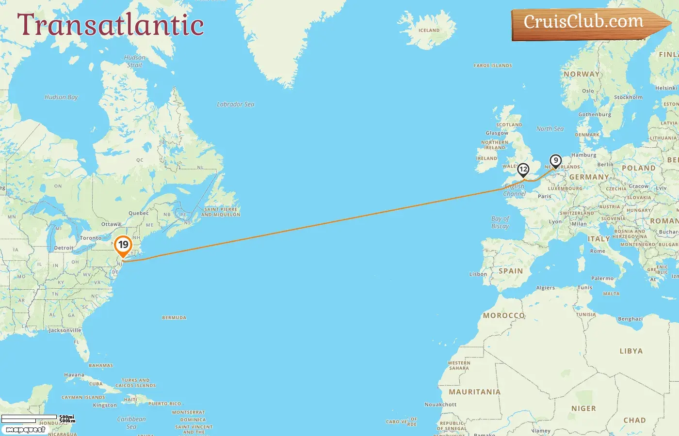 Cruise in the Transatlantic from New York aboard Queen Mary 2 ship with visits to USA for 19 days