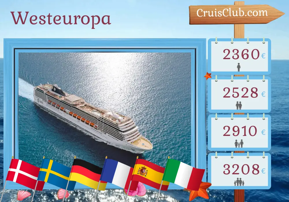 Kreuzfahrt im westlichen Europa von Kopenhagen nach Genua an Bord des MSC Magnifica mit Besuchen in Dänemark, Schweden, Deutschland, Frankreich, Spanien und Italien für 15 Tage