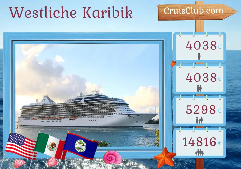 Kreuzfahrt in der westlichen Karibik ab Miami an Bord des Schiffes Oceania Marina mit Besuchen in den USA, Mexiko, Belize und Honduras für 8 Tage