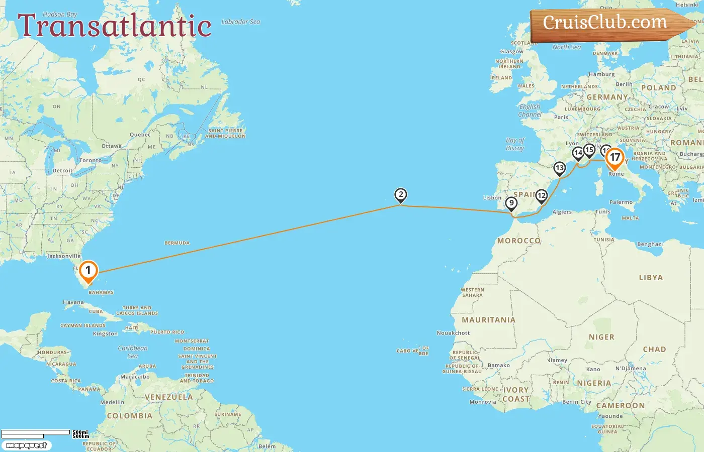 Cruise in the Transatlantic from Miami to Civitavecchia aboard Oceania Marina ship with visits to USA, Portugal, Spain, France, and Italy for 17 days