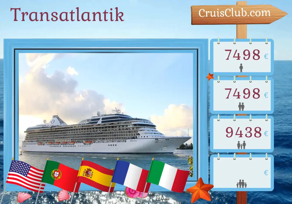 Kreuzfahrt im Transatlantik von Miami nach Civitavecchia an Bord des Schiffes Oceania Marina mit Stopps in den USA, Portugal, Spanien, Frankreich und Italien für 17 Tage