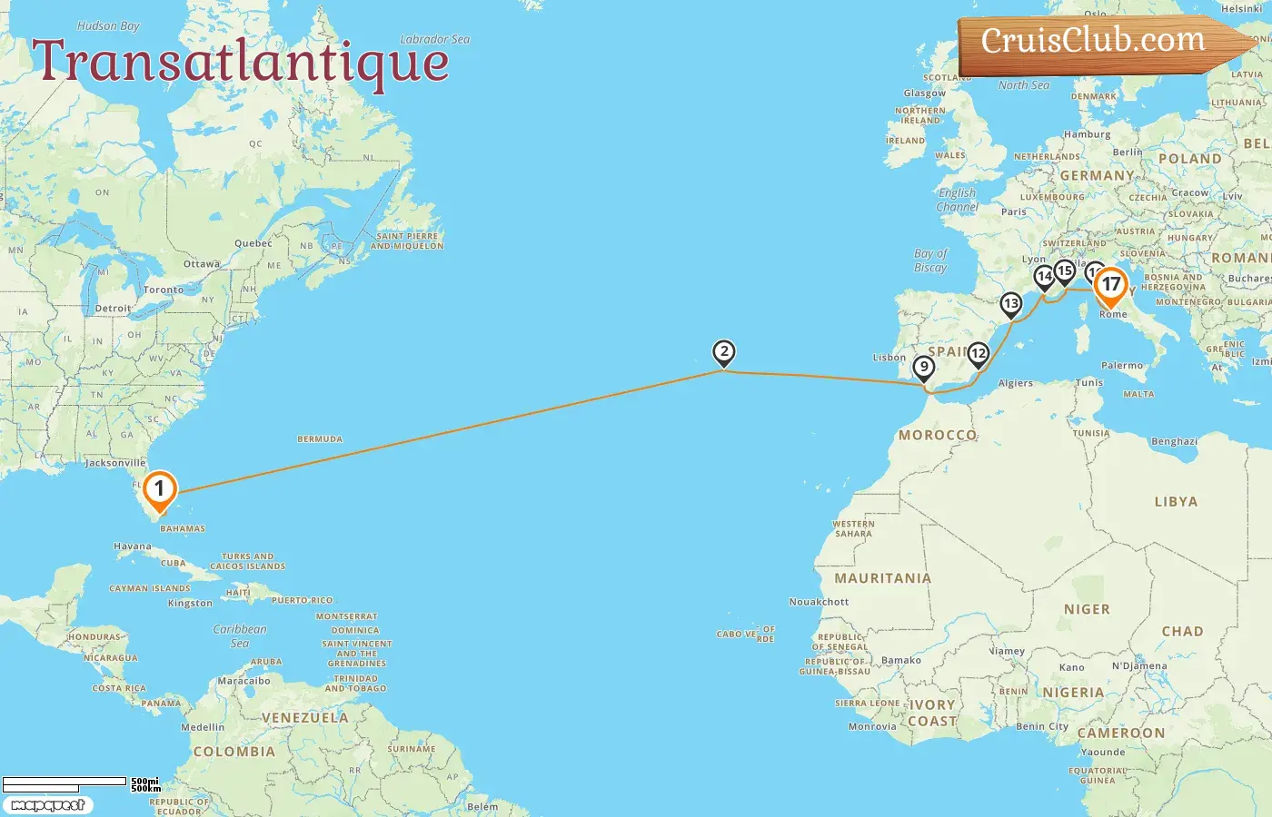 Croisière Transatlantique de Miami à Civitavecchia à bord du navire Oceania Marina avec des visites aux États-Unis, au Portugal, en Espagne, en France et en Italie pendant 17 jours