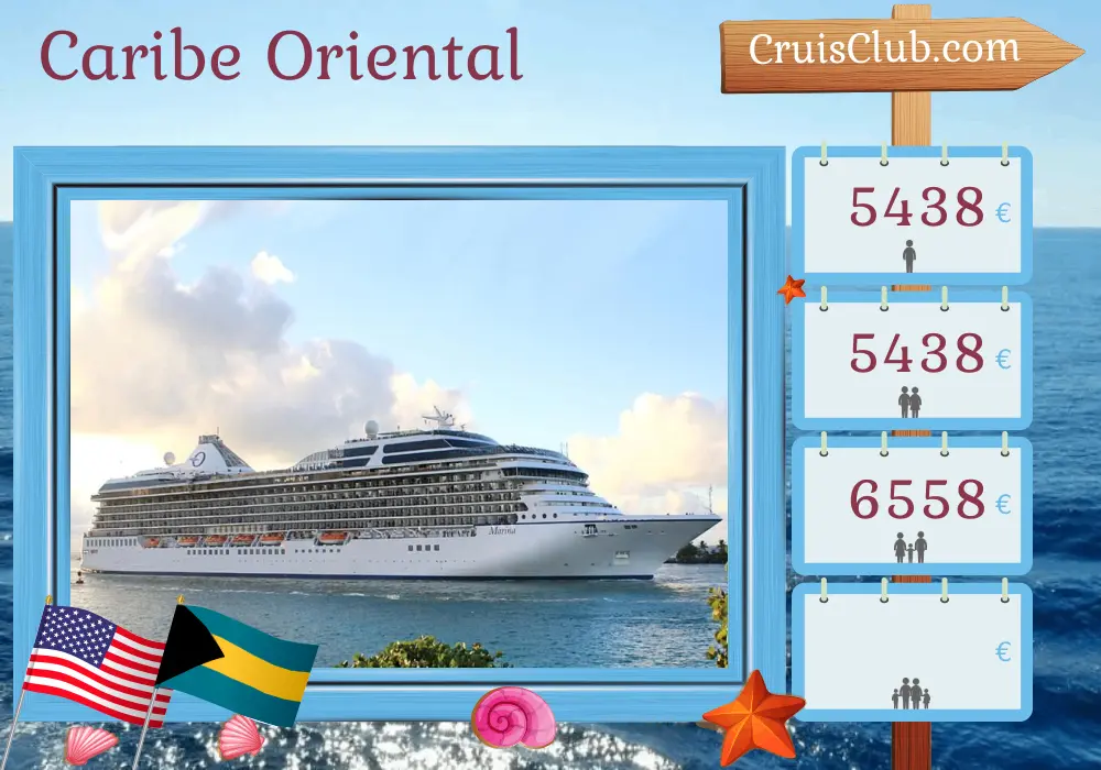 Cruzeiro no Caribe Oriental saindo de Miami a bordo do navio Oceania Marina com visitas aos EUA, Porto Rico, República Dominicana e Bahamas por 11 dias