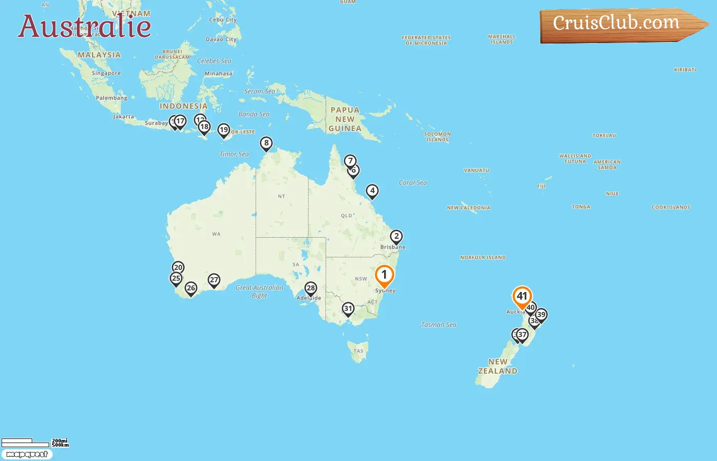 Croisière en Australie de Sydney à Auckland à bord du navire Oceania Riviera avec des visites en Australie, en Indonésie et en Nouvelle-Zélande pendant 41 jours