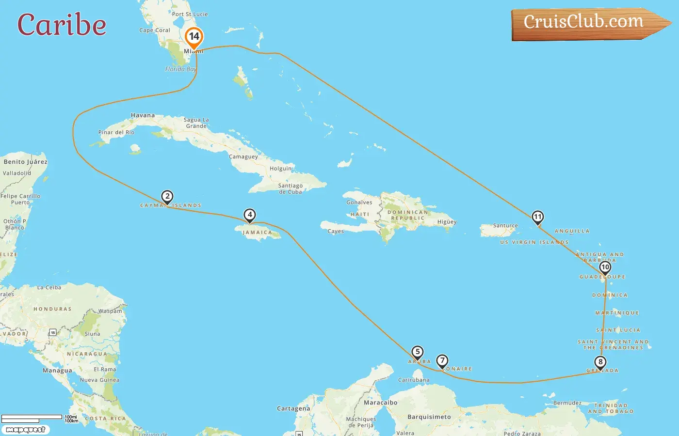 Crucero por el Caribe desde Miami a bordo del barco Oceania Allura con visitas a EE. UU., Islas Caimán, Jamaica, Aruba, Curazao, Granada, Guadalupe e Islas Vírgenes Británicas durante 14 días