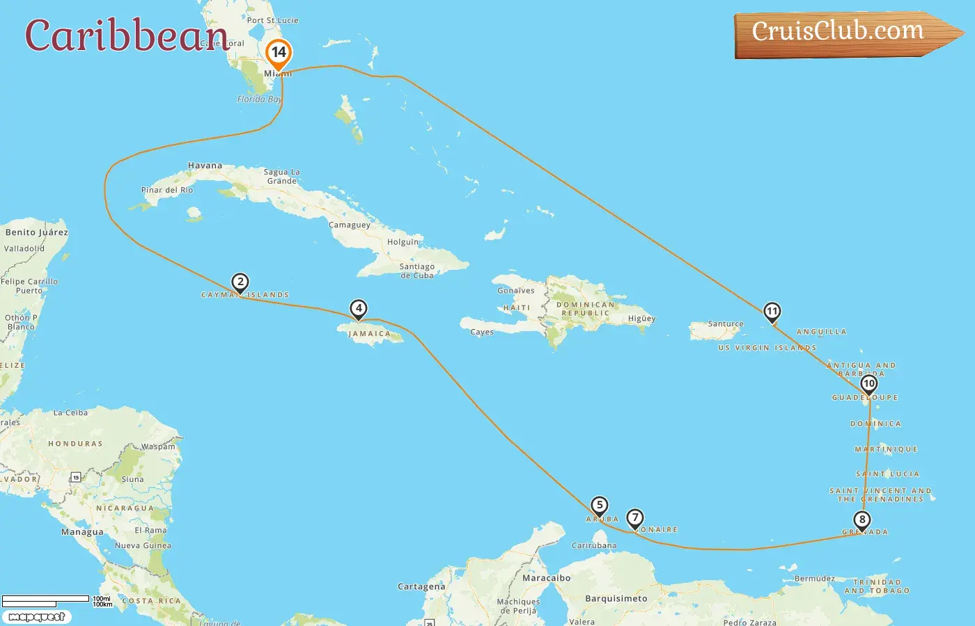 Cruise in the Caribbean from Miami aboard Oceania Allura ship with visits to USA, Cayman Islands, Jamaica, Aruba, Curaçao, Grenada, Guadeloupe, and British Virgin Islands for 14 days