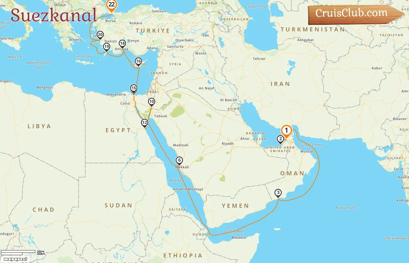Kreuzfahrt im Suezkanal von Dubai nach Istanbul an Bord des Schiffes Oceania Nautica mit Besuchen der Vereinigten Arabischen Emiraten, Oman, Saudi-Arabien, Jordanien, Ägypten, Zypern, der Türkei und Griechenland für 22 Tage