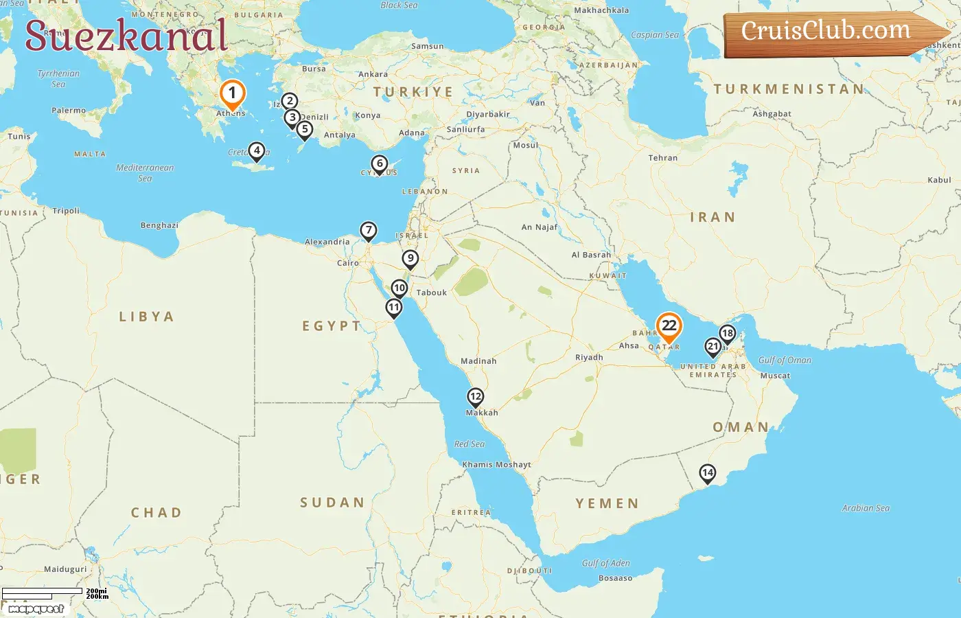 Kreuzfahrt im Sueskanal von Piräus nach Doha an Bord des Schiffes Oceania Nautica mit Besuchen in Griechenland, der Türkei, Zypern, Ägypten, Jordanien, Saudi-Arabien, Oman, den Vereinigten Arabischen Emiraten und Katar für 22 Tage
