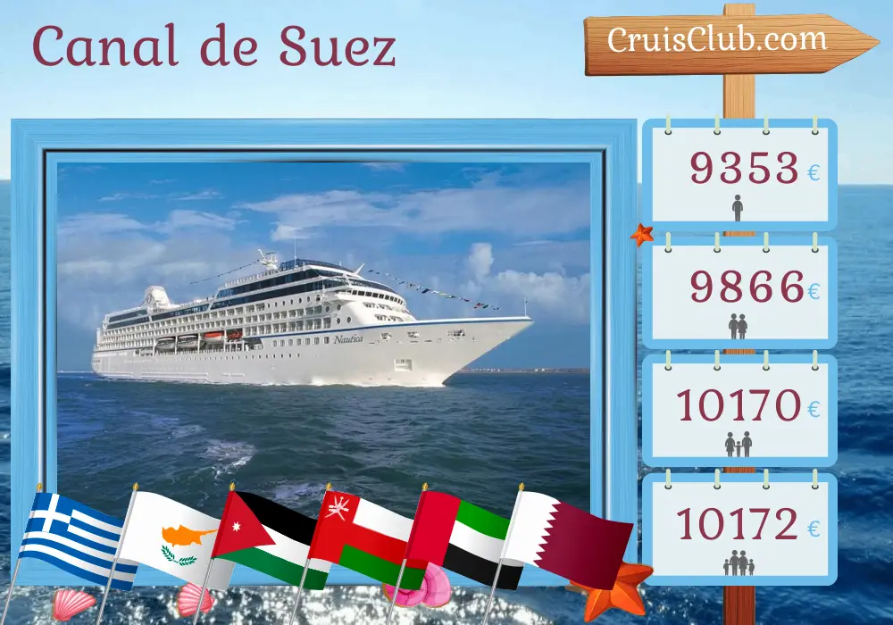 Crucero en el Canal de Suez desde El Pireo hasta Doha a bordo del barco Oceania Nautica con visitas a Grecia, Turquía, Chipre, Egipto, Jordania, Arabia Saudita, Omán, Emiratos Árabes Unidos y Qatar durante 22 días