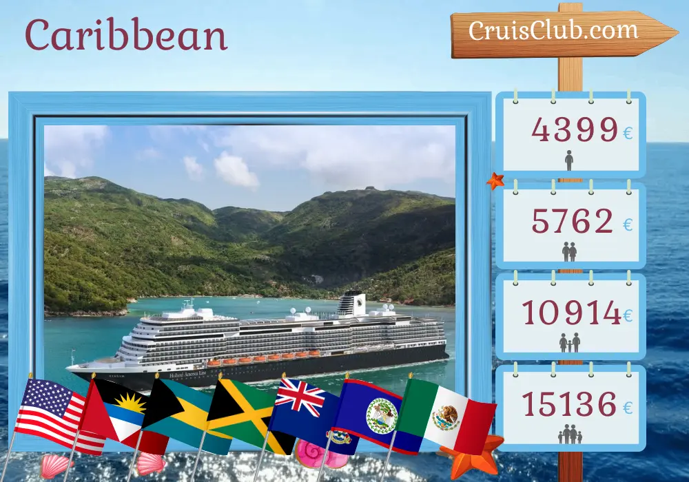 Cruise in the Caribbean from Fort Lauderdale aboard Rotterdam ship with visits to USA, Bahamas, Jamaica, Cayman Islands, Honduras, Belize, and Mexico for 22 days
