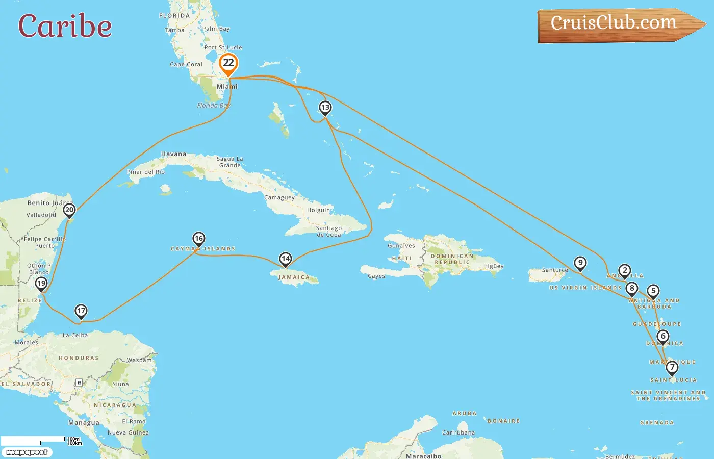 Cruzeiro no Caribe partindo de Fort Lauderdale a bordo do navio Rotterdam com visitas aos EUA, Bahamas, Jamaica, Ilhas Cayman, Honduras, Belize e México por 22 dias