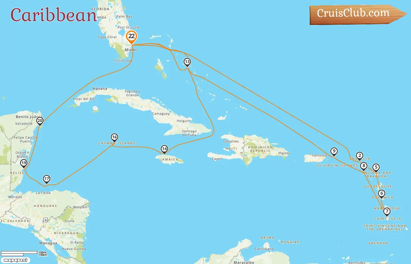 Cruise in the Caribbean from Fort Lauderdale aboard Rotterdam ship with visits to USA, Bahamas, Jamaica, Cayman Islands, Honduras, Belize, and Mexico for 22 days
