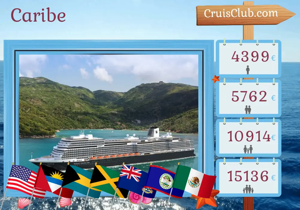 Crucero por el Caribe desde Fort Lauderdale a bordo del barco Rotterdam con visitas a EE. UU., Bahamas, Jamaica, Islas Caimán, Honduras, Belice y México durante 22 días