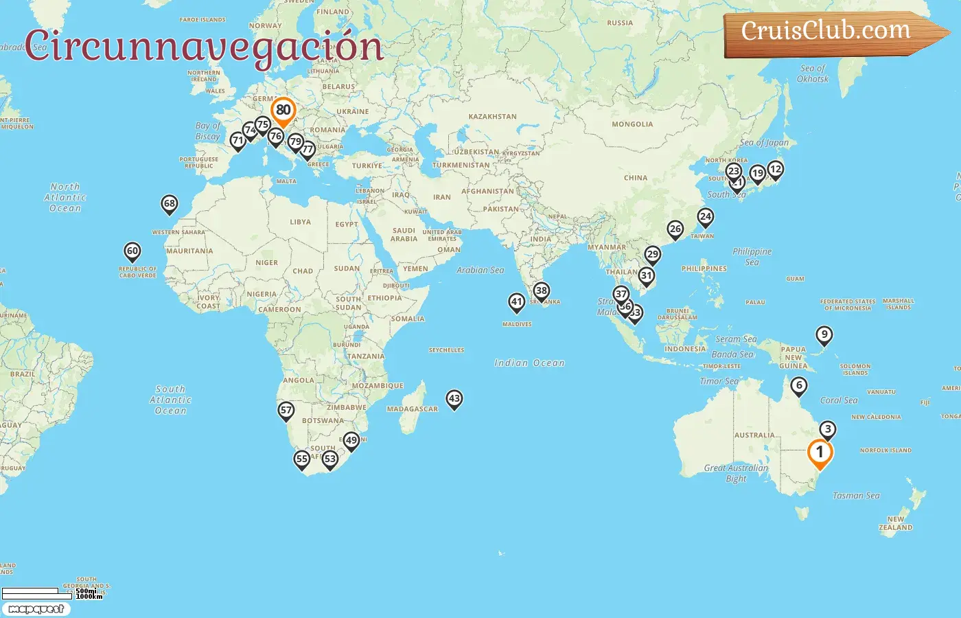 Crucero por el mundo desde Sídney a Trieste a bordo del barco Costa Deliziosa con visitas a Australia, Papúa Nueva Guinea, Japón, Corea del Sur, Taiwán, Hong Kong, Vietnam, Singapur, Malasia, Sri Lanka, Maldivas, Mauricio, Sudáfrica, Namibia, España, Francia, Italia y Grecia durante 80 días