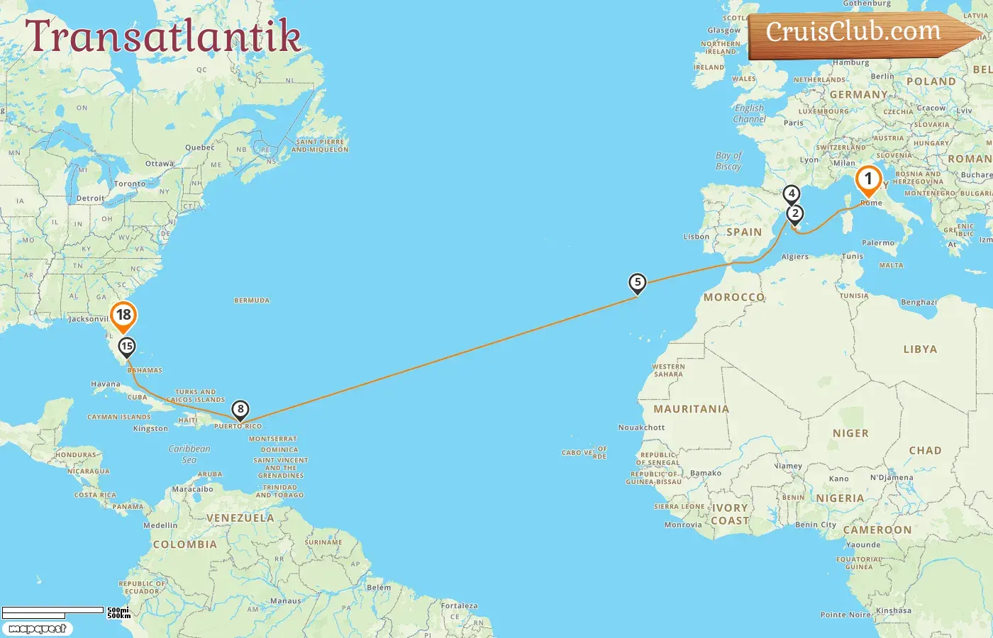 Kreuzfahrt im Transatlantik von Civitavecchia nach Port Canaveral / Orlando an Bord des MSC Grandiosa Schiffes mit Stopps in Italien, Spanien, Puerto Rico und den USA für 18 Tage