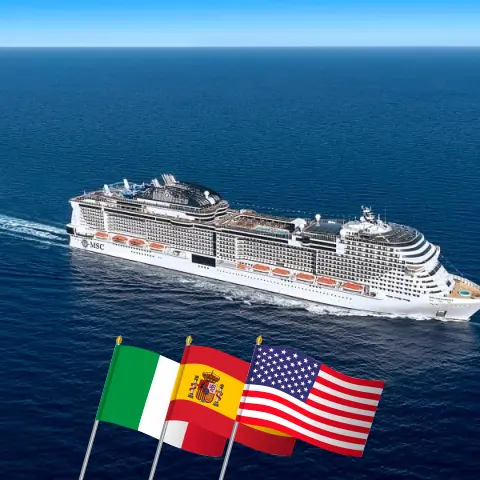 Kreuzfahrt im Transatlantik von Civitavecchia nach Port Canaveral / Orlando an Bord des MSC Grandiosa Schiffes mit Stopps in Italien, Spanien, Puerto Rico und den USA für 18 Tage