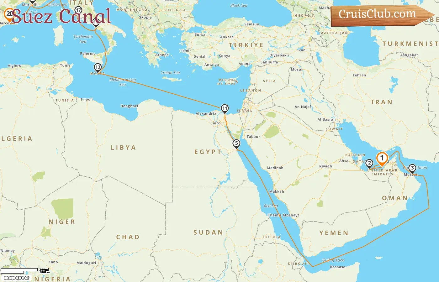 Cruise in the Suez Canal from Abu Dhabi to Barcelona aboard MSC World Europa ship with visits to United Arab Emirates, Oman, Egypt, Malta, Italy, France, and Spain for 20 days