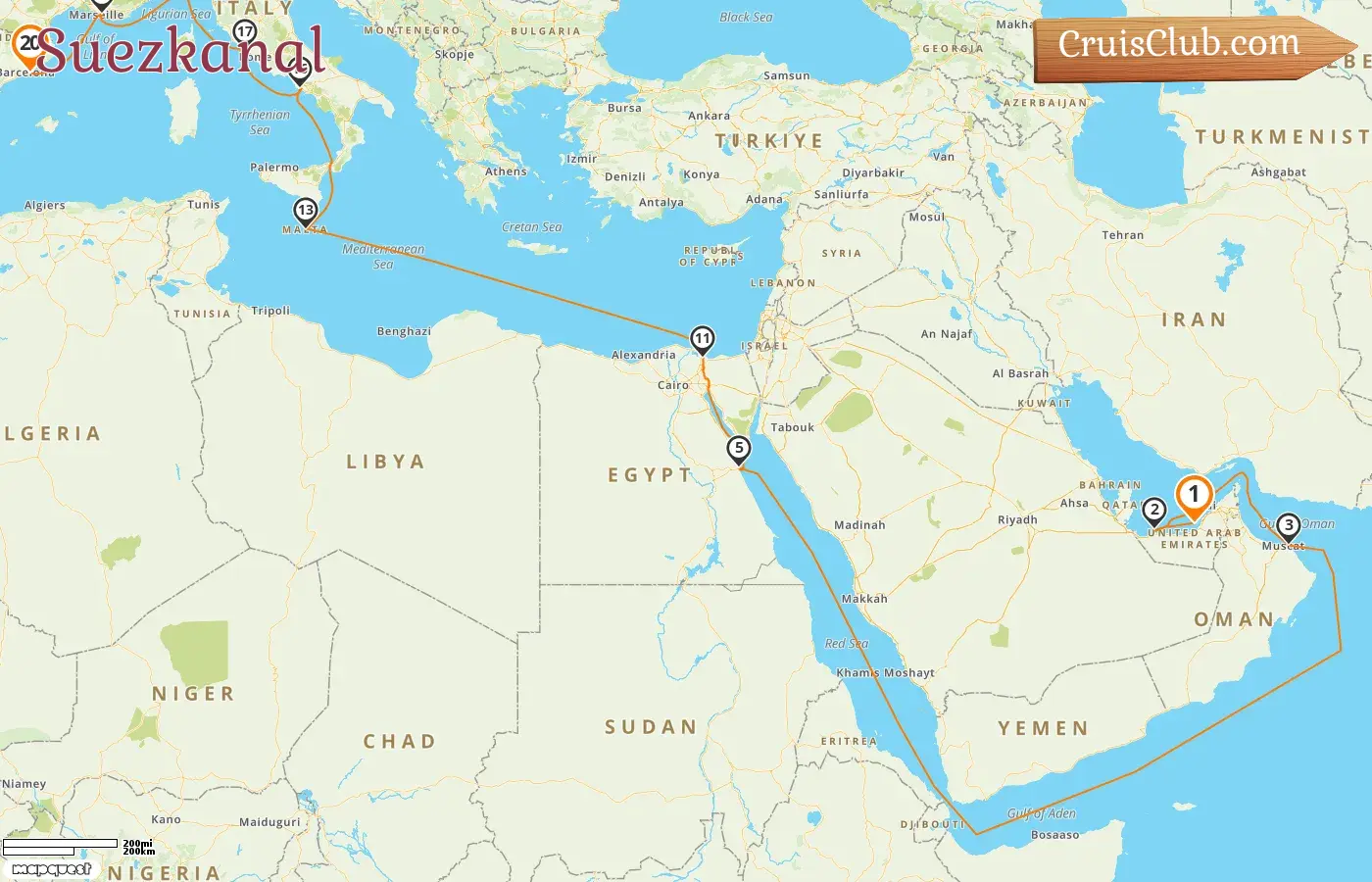 Kreuzfahrt im Suezkanal von Abu Dhabi nach Barcelona an Bord des MSC World Europa-Schiffs mit Stopps in den Vereinigten Arabischen Emiraten, Oman, Ägypten, Malta, Italien, Frankreich und Spanien für 20 Tage