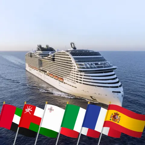 Cruzeiro no Canal de Suez de Abu Dhabi a Barcelona a bordo do navio MSC World Europa com visitas aos Emirados Árabes Unidos, Omã, Egito, Malta, Itália, França e Espanha por 20 dias