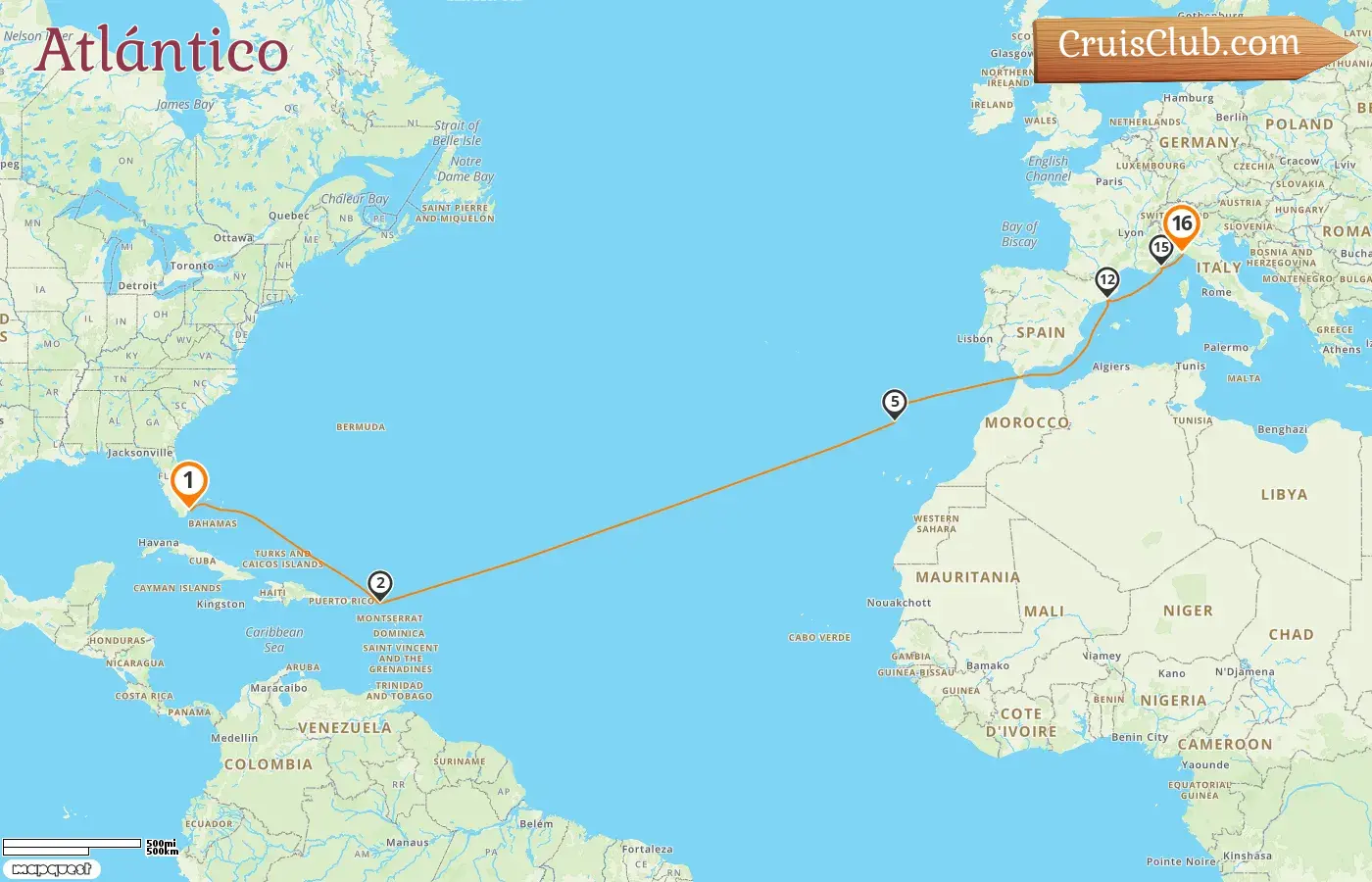 Crucero Transatlántico de Miami a Génova a bordo del barco MSC Grandiosa con visitas a EE. UU., España, Francia e Italia durante 16 días