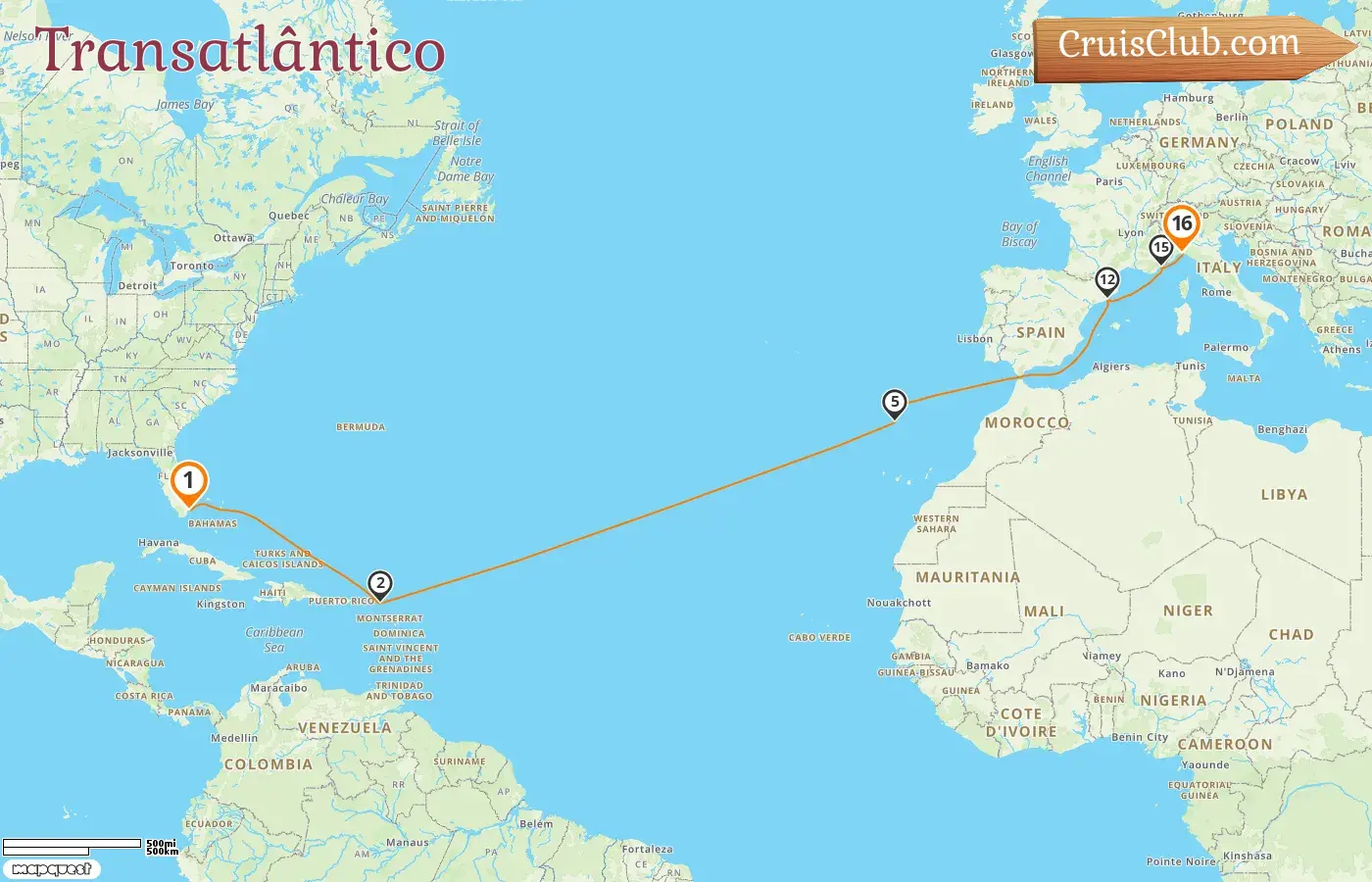 Cruzeiro Transatlântico de Miami a Génova a bordo do navio MSC Grandiosa com visitas aos Estados Unidos, Espanha, França e Itália durante 16 dias