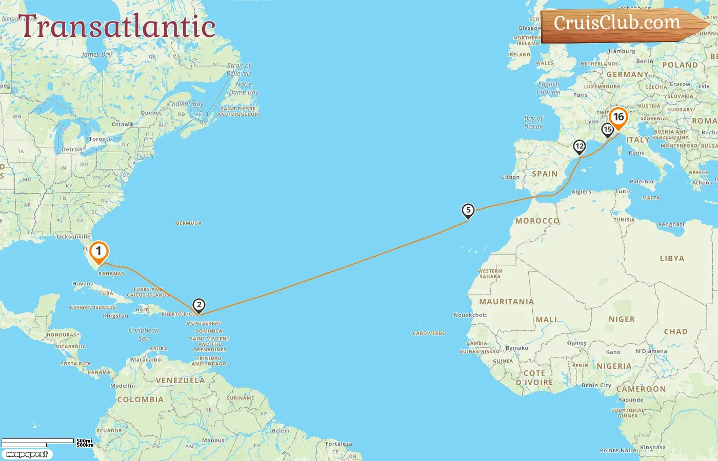 Cruise in the Transatlantic from Miami to Genoa aboard MSC Grandiosa ship with visits to USA, Spain, France, and Italy for 16 days