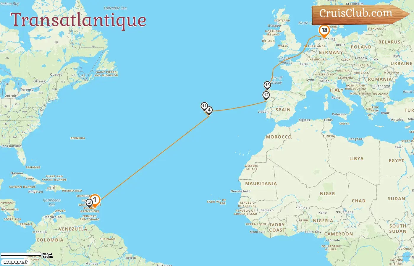 Croisière Transatlantique de Bridgetown à Bremerhaven à bord du navire Mein Schiff 2 avec escales à la Barbade, à Saint-Vincent-et-les-Grenadines, au Portugal et en Allemagne pendant 18 jours