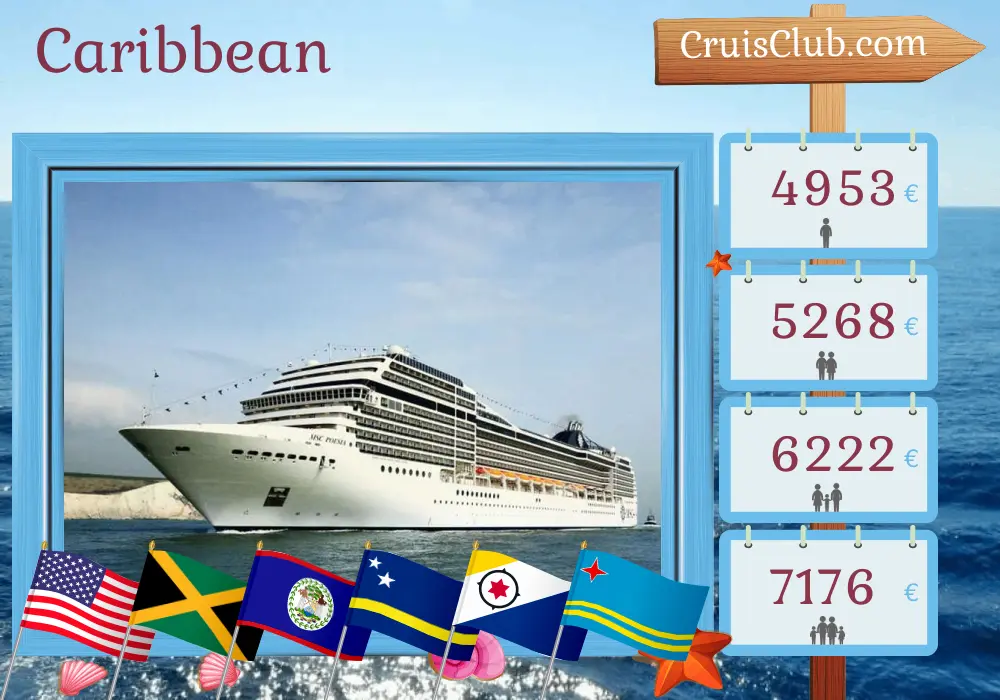 Cruise in the Caribbean from Miami aboard MSC Poesia ship with visits to USA, Jamaica, Colombia, Panama, Costa Rica, Honduras, Belize, Curaçao, Aruba, and Dominican Republic for 22 days