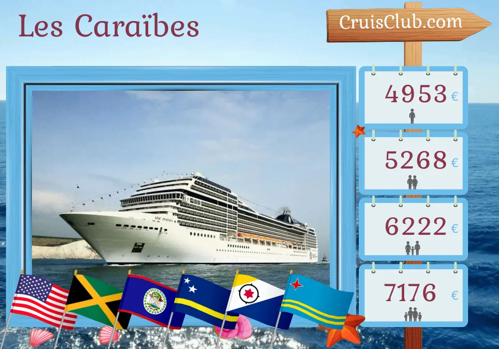 Croisière dans les Caraïbes au départ de Miami à bord du navire MSC Poesia avec des escales aux États-Unis, en Jamaïque, en Colombie, au Panama, au Costa Rica, au Honduras, au Belize, à Curaçao, à Aruba et en République dominicaine pendant 22 jours