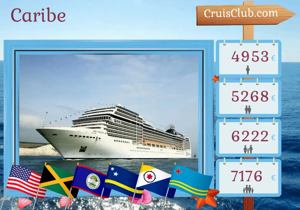 Crucero por el Caribe desde Miami a bordo del barco MSC Poesia con visitas a Estados Unidos, Jamaica, Colombia, Panamá, Costa Rica, Honduras, Belice, Curazao, Aruba y República Dominicana durante 22 días