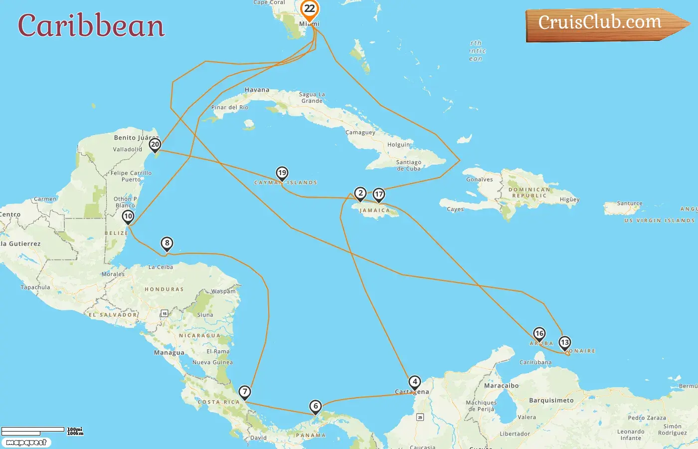 Cruise in the Caribbean from Miami aboard MSC Poesia ship with visits to USA, Jamaica, Colombia, Panama, Costa Rica, Honduras, Belize, Curaçao, Aruba, Cayman Islands, and Mexico for 22 days