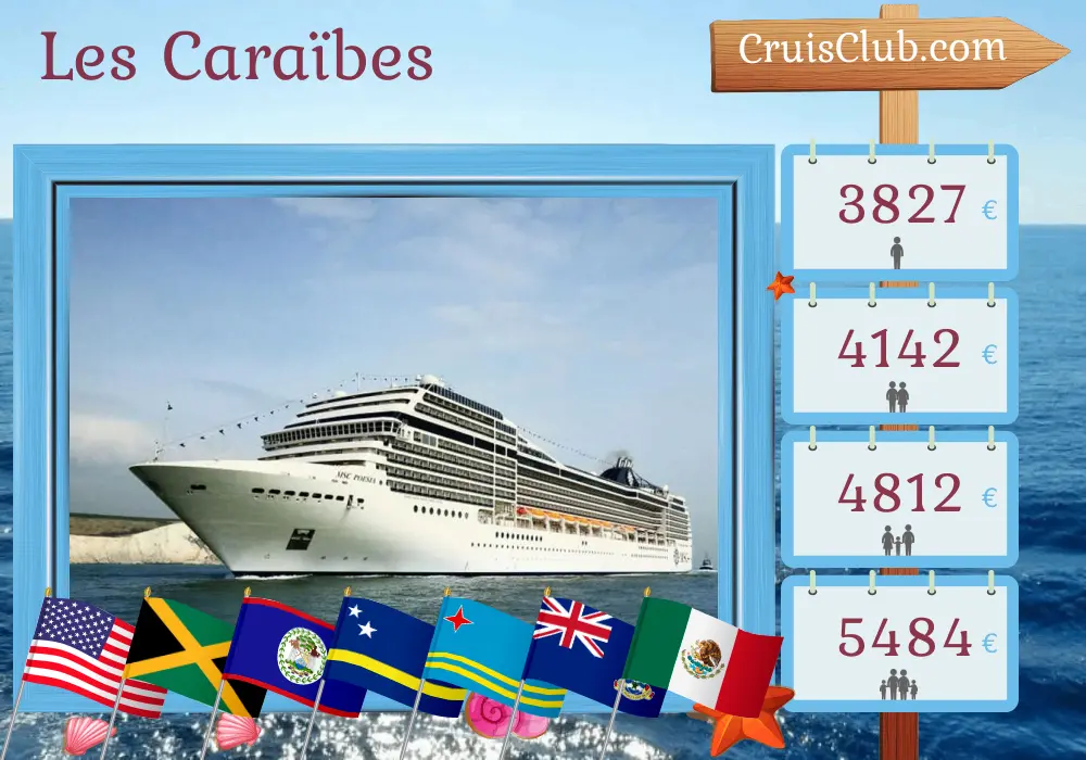Croisière dans les Caraïbes au départ de Miami à bord du navire MSC Poesia avec des visites aux États-Unis, en Jamaïque, en Colombie, au Panama, au Costa Rica, au Honduras, au Belize, à Curaçao, à Aruba, aux îles Caïmans et au Mexique pendant 22 jours