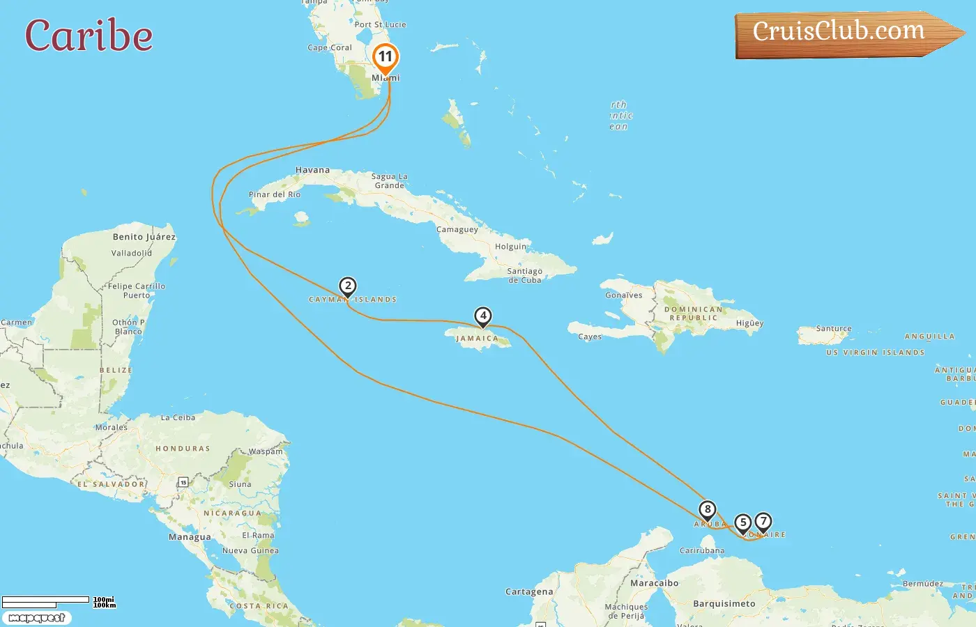 Cruzeiro no Caribe a partir de Miami a bordo do navio MSC Poesia com visitas aos EUA, Ilhas Cayman, Jamaica, Curaçao e Aruba por 11 dias