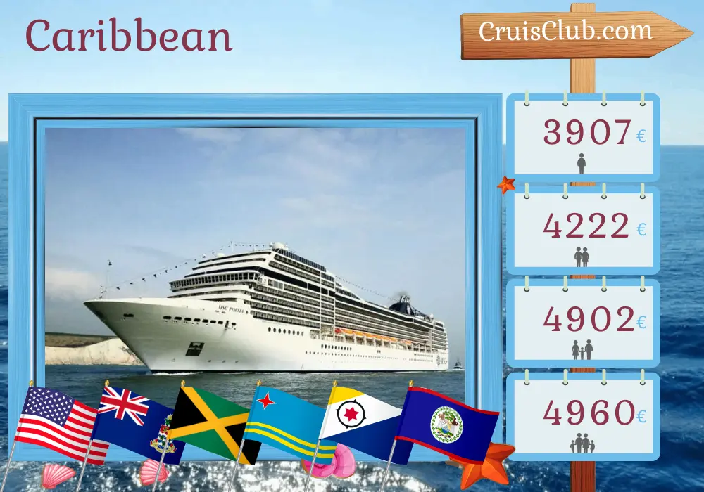 Cruise in the Caribbean from Miami aboard MSC Poesia ship with visits to USA, Cayman Islands, Jamaica, Aruba, Dominican Republic, Colombia, Panama, Costa Rica, Honduras, and Belize for 22 days