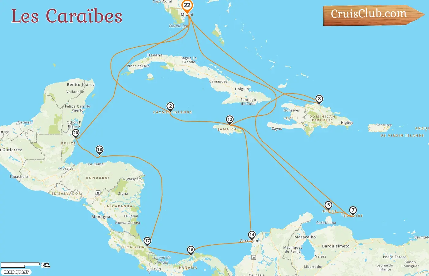 Croisière dans les Caraïbes au départ de Miami à bord du MSC Poesia avec escales aux États-Unis, Îles Caïmans, Jamaïque, Aruba, République dominicaine, Colombie, Panama, Costa Rica, Honduras et Belize pendant 22 jours