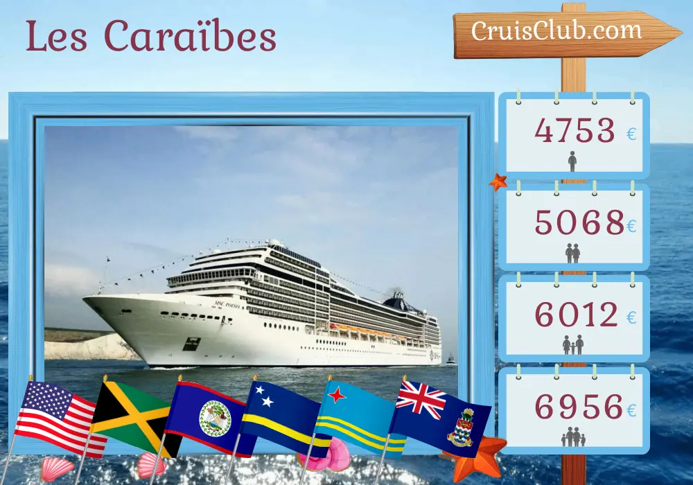 Croisière dans les Caraïbes au départ de Miami à bord du navire MSC Poesia avec escales aux États-Unis, en Jamaïque, en Colombie, au Panama, au Costa Rica, au Honduras, au Belize, à Curaçao, à Aruba, en République dominicaine et aux îles Caïmans pendant 22 jours