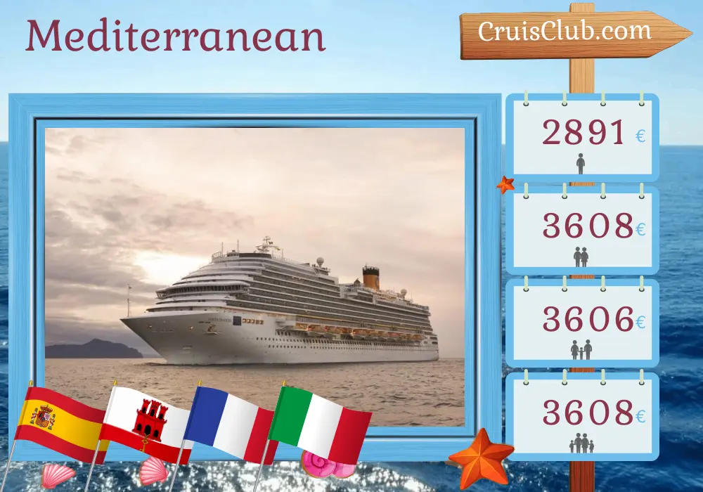 Cruise in the Mediterranean from Cádiz aboard Costa Diadema ship with visits to Spain, Gibraltar, France, Italy, and Morocco for 14 days