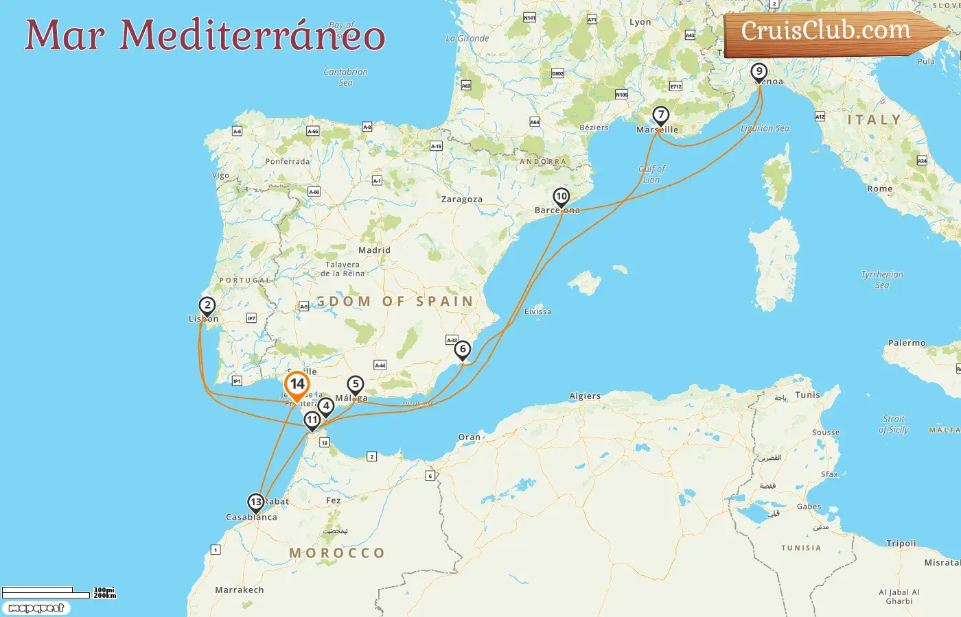 Crucero por el Mediterráneo desde Cádiz a bordo del barco Costa Diadema con visitas a España, Gibraltar, Francia, Italia y Marruecos durante 14 días