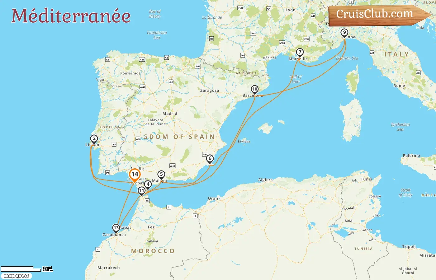 Croisière en Méditerranée au départ de Cádiz à bord du navire Costa Diadema avec des visites en Espagne, à Gibraltar, en France, en Italie et au Maroc pendant 14 jours
