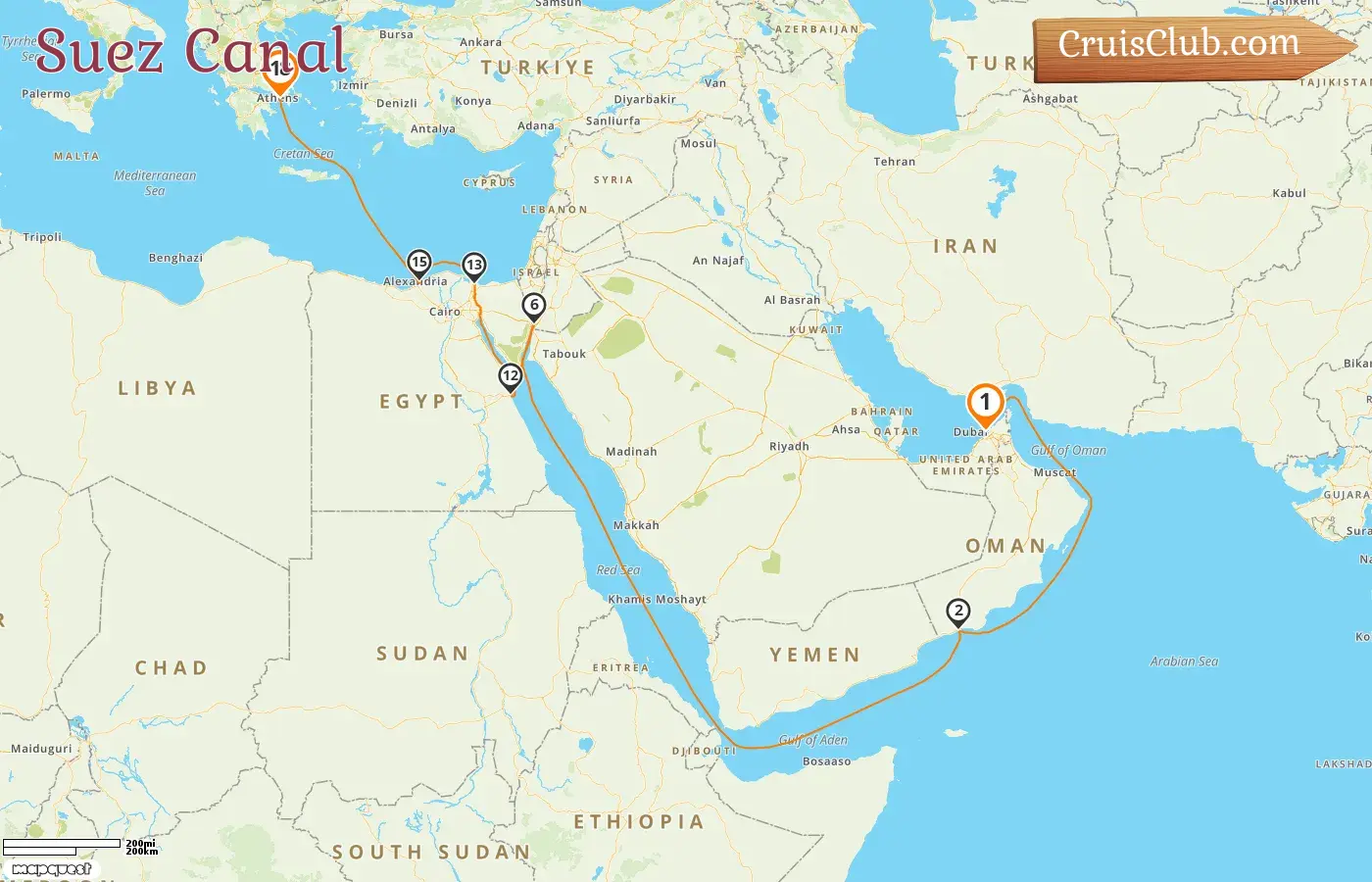Cruise in the Suez Canal from Dubai to Piraeus aboard Silver Shadow ship with visits to United Arab Emirates, Oman, Jordan, Egypt, and Greece for 18 days