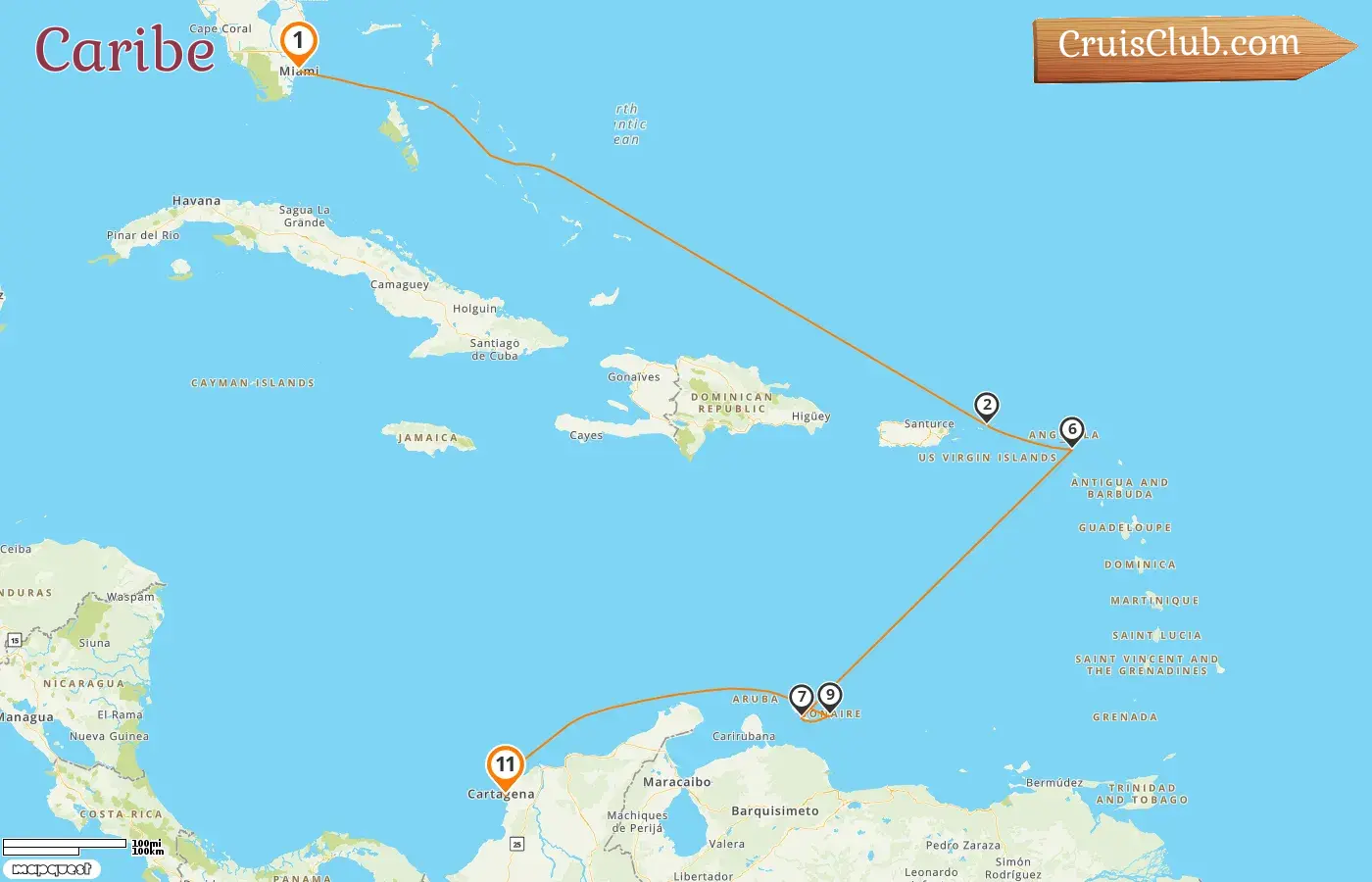 Crucero por el Caribe desde Miami a Cartagena a bordo del barco Silver Shadow con visitas a Estados Unidos, Islas Vírgenes Británicas, San Bartolomé, Curazao y Colombia durante 11 días