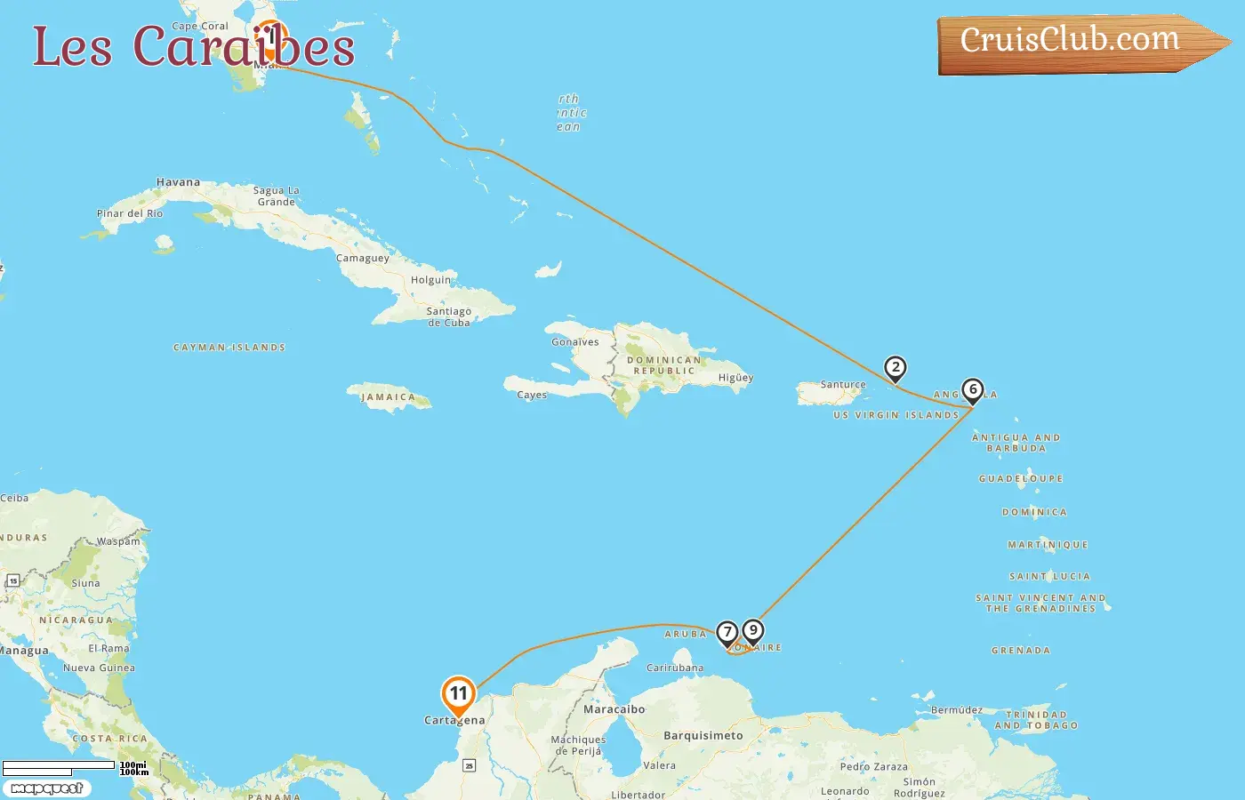 Croisière dans les Caraïbes de Miami à Carthagène à bord du navire Silver Shadow avec des visites aux États-Unis, aux îles Vierges britanniques, à Saint-Barthélemy, à Curaçao et en Colombie pendant 11 jours