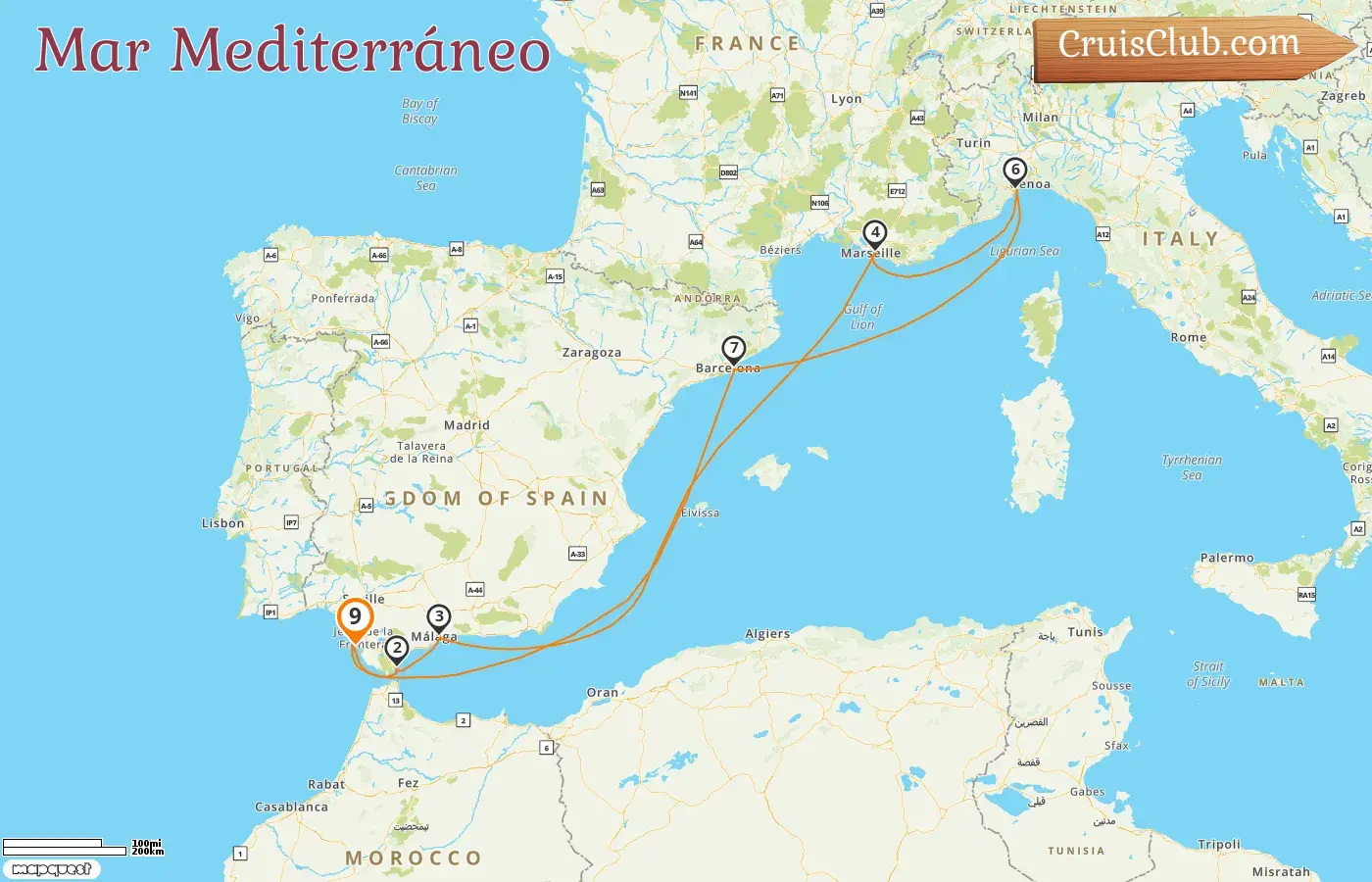 Crucero por el Mediterráneo desde Cádiz a bordo del barco Costa Diadema con visitas a España, Gibraltar, Francia e Italia durante 9 días