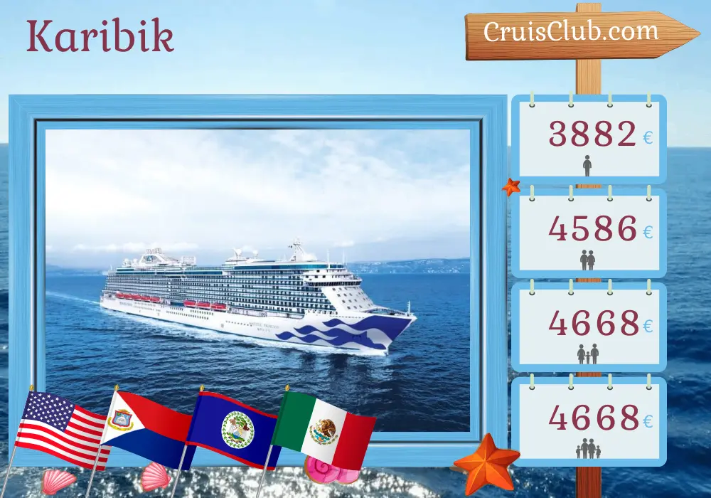 Kreuzfahrt in der Karibik ab Fort Lauderdale an Bord des Schiffes Majestic Princess mit Stopps in den USA, der Dominikanischen Republik, Puerto Rico, Honduras, Belize und Mexiko für 15 Tage