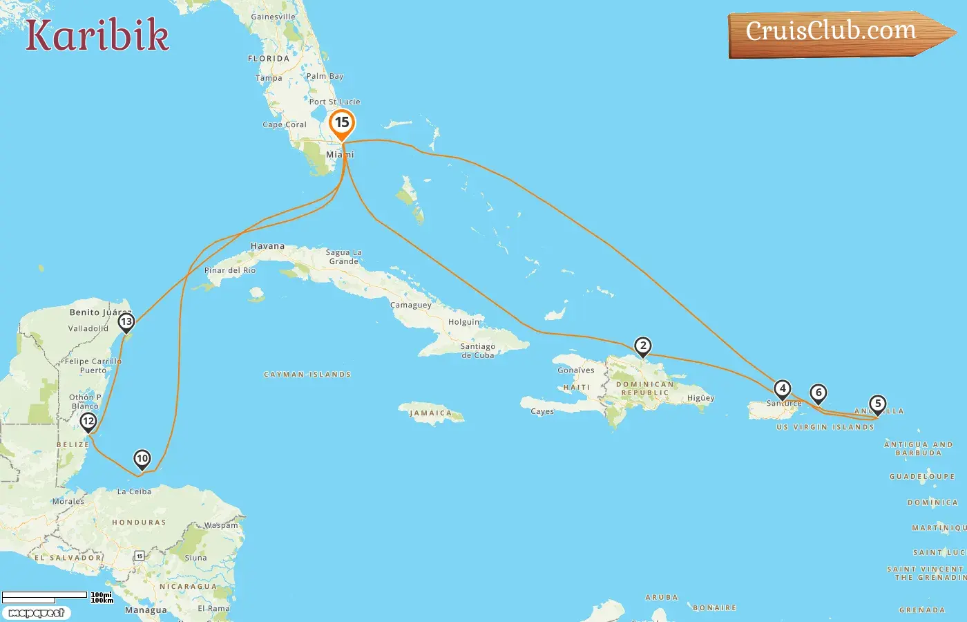 Kreuzfahrt in der Karibik ab Fort Lauderdale an Bord des Schiffes Majestic Princess mit Stopps in den USA, der Dominikanischen Republik, Puerto Rico, Honduras, Belize und Mexiko für 15 Tage