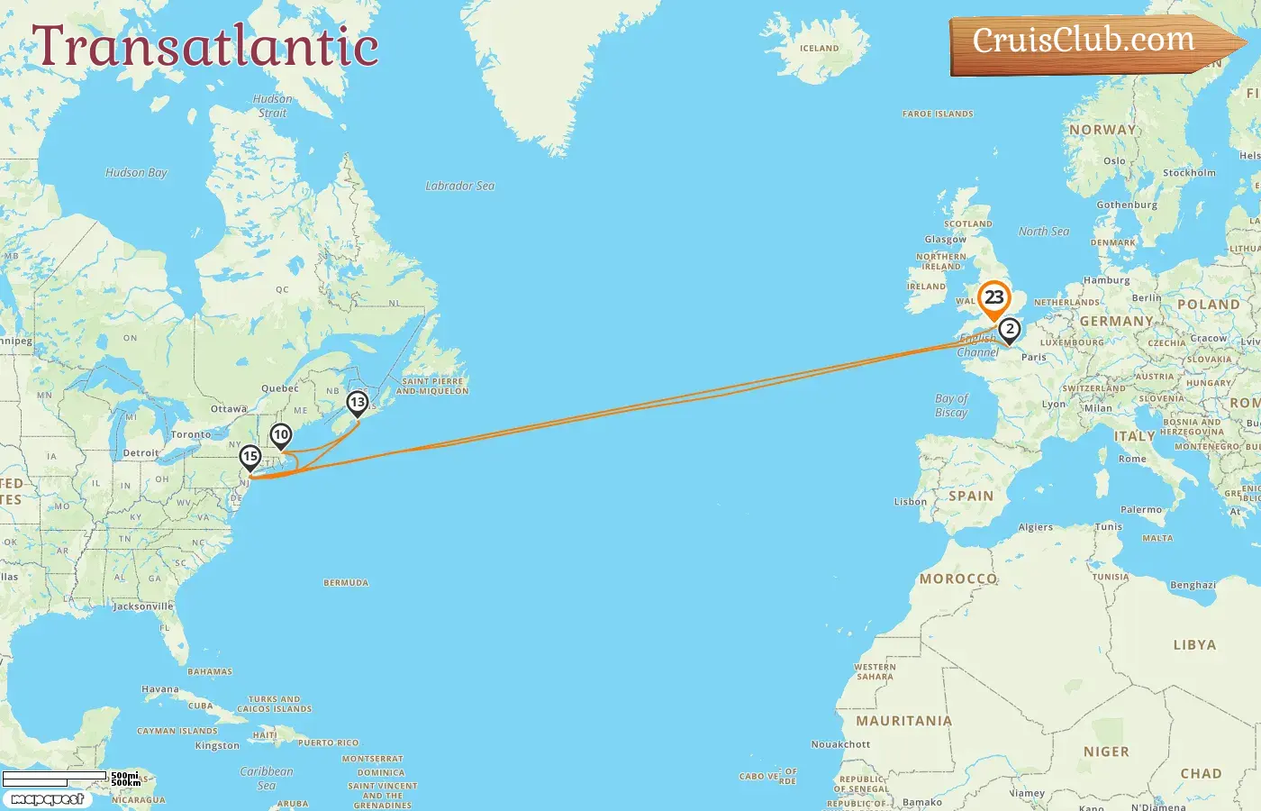 Cruise in the Transatlantic from Southampton aboard Queen Mary 2 ship with visits to France, USA, and Canada for 23 days