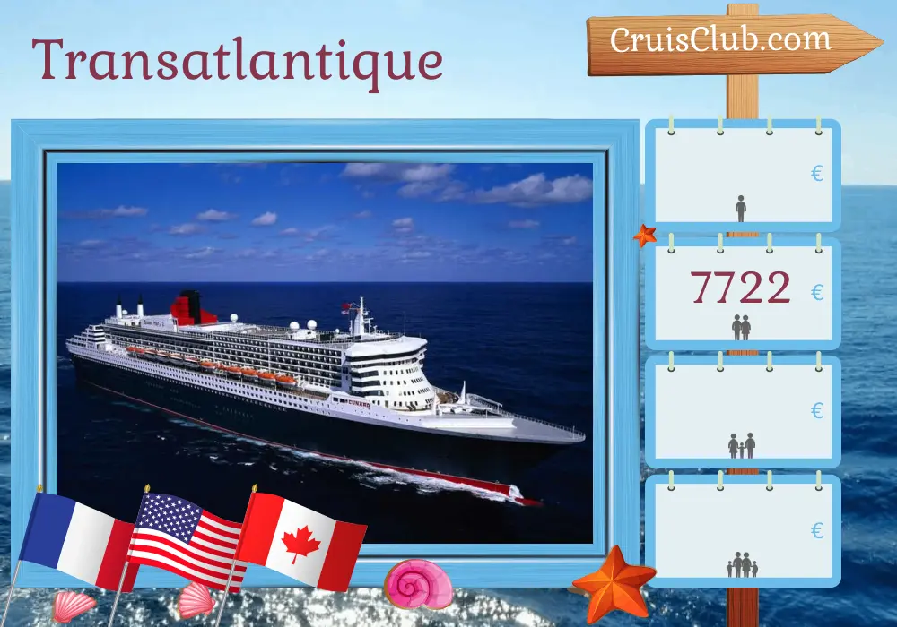 Croisière transatlantique au départ de Southampton à bord du Queen Mary 2 avec escales en France, aux États-Unis et au Canada pendant 23 jours